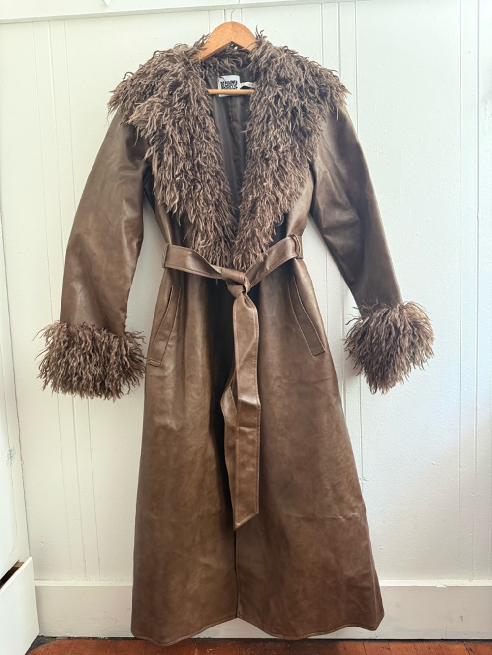 Reclaimed Vintage Brown Faux-Suede Trench Coat with Faux-Fur Trim - Picture 6 of 10